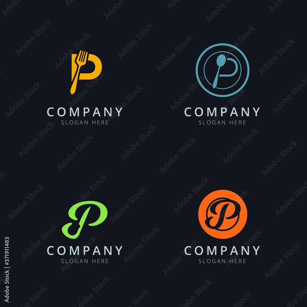 Initial P logo with restaurant elements Initial P logo with restaurant elements