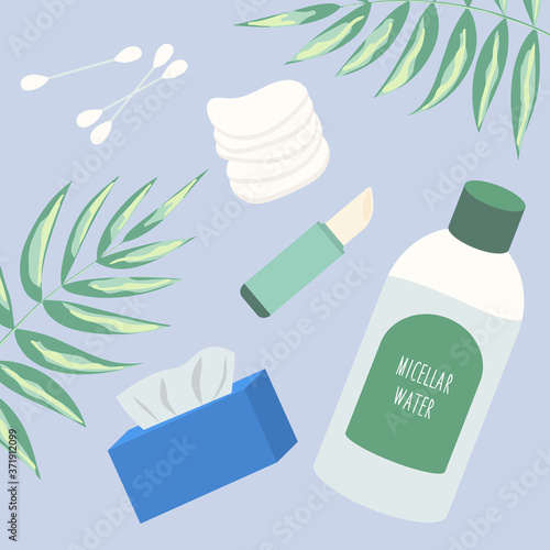 Makeup remover set. Micellar water, cotton pads, cotton swabs, paper napkins. Isolated vector icons.
