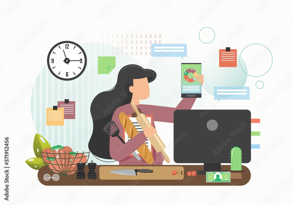 Business woman cooking and working in kitchen, vector flat illustration