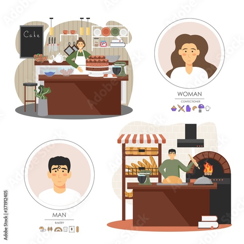 Bakery shop workers man and woman baking bread, selling sweet desserts, vector flat illustration
