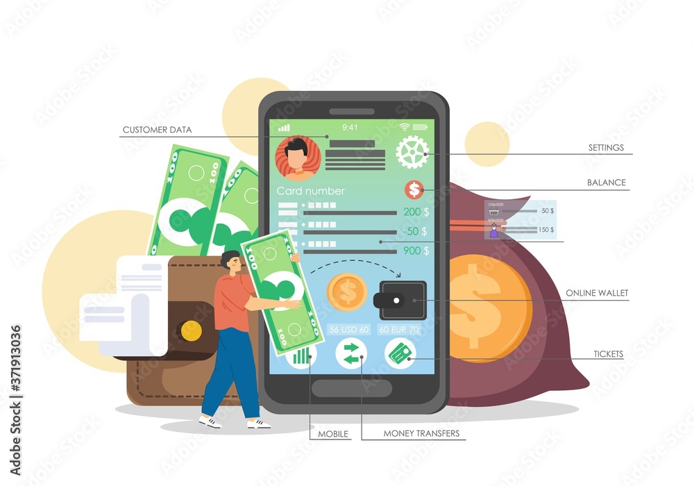 Bank customer making money transaction online using mobile banking app, vector flat illustration Bank customer making money transaction online using mobile banking app, vector flat illustration