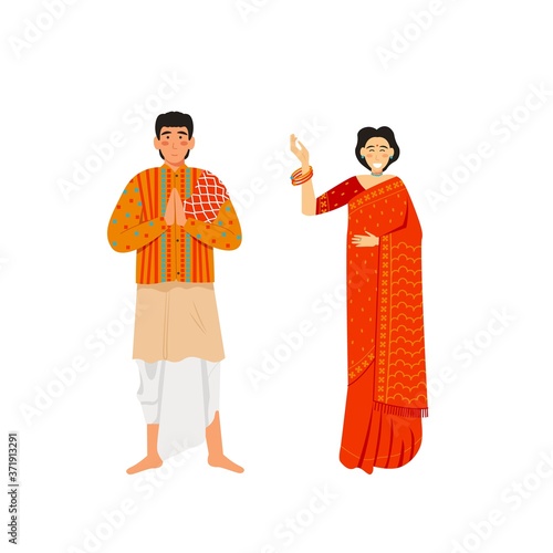 Indian man and woman wearing traditional clothing, vector flat isolated illustration