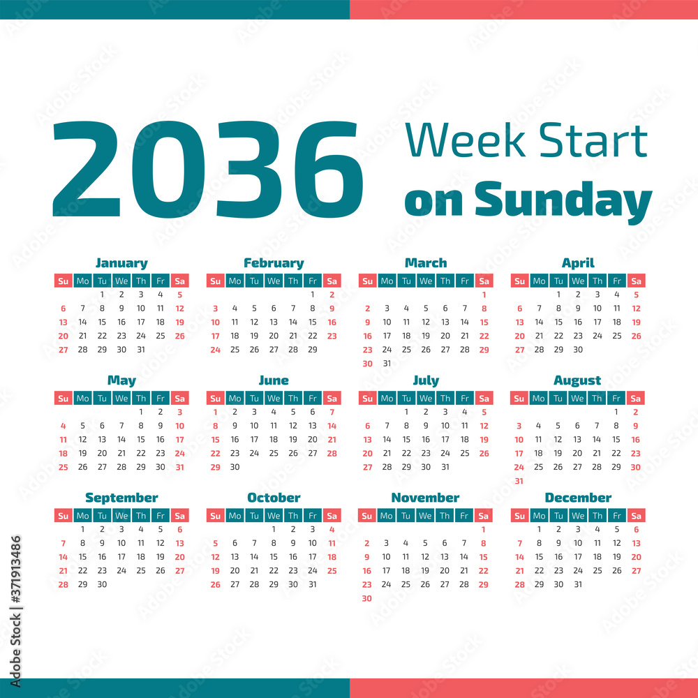 2036 Calendar with the weeks start on Sunday 2036 Calendar with the weeks start on Sunday