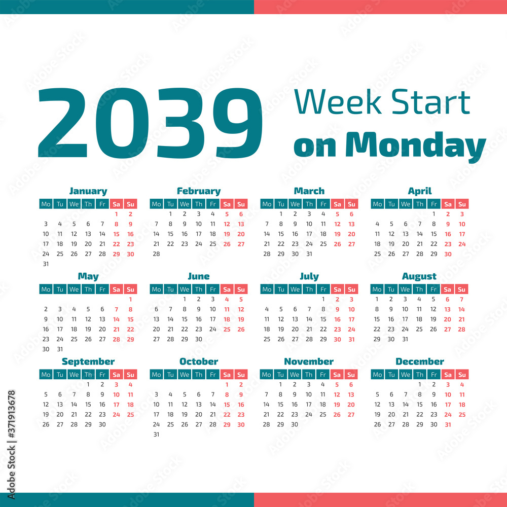 2039 Calendar with the weeks start on Monday 2039 Calendar with the weeks start on Monday