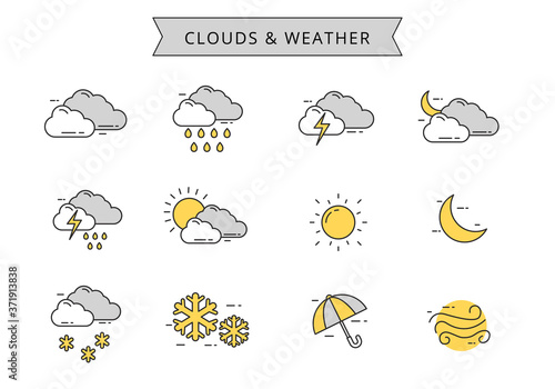Weather concept vector illustration isolated on white background. Clouds and weather icons collection in linear color style 