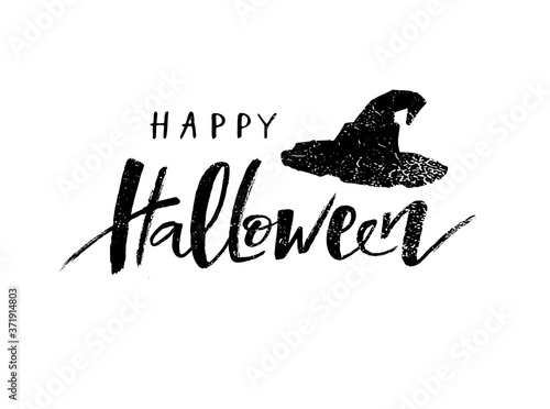 «Happy Halloween» hand written lettering in black-white style whith drawn hat for party invitation, postcard, sticker,badge, greeting card. Vector Illustration for celebration with positive, fun image