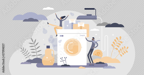 Laundry process with clean and fresh clothes and iron tiny persons concept