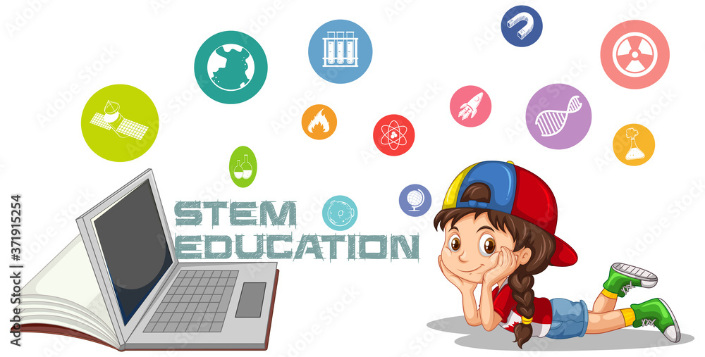 Girl lying beside laptop with stem education text and icon cartoon style isolated on white background Girl lying beside laptop with stem education text and icon cartoon style isolated on white background