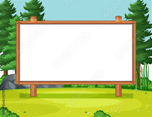 Blank wooden frame in nature park scene