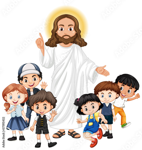 Jesus with a children group cartoon character