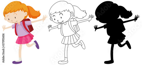 Student girl happy in colour and outline and silhouette