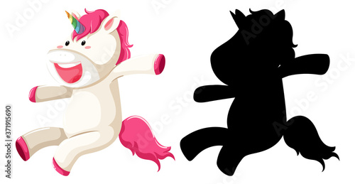 Cute unicorn in pink color and silhouette in cartoon character on white background