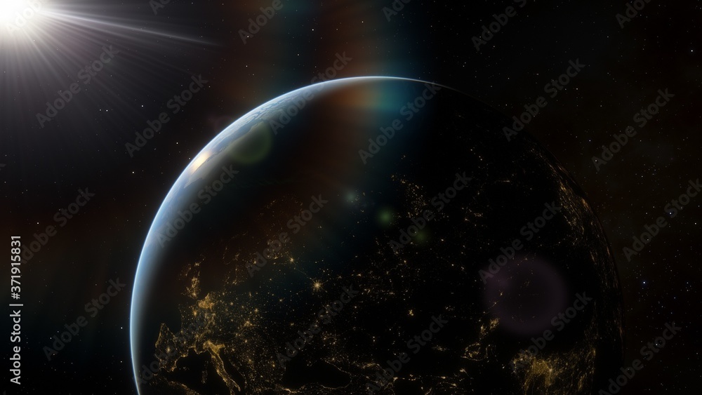 realistic planet Earth from space, science fiction wallpaper, cosmic landscape, oceanic expanses, sunrise over the earth from space, 3d render
