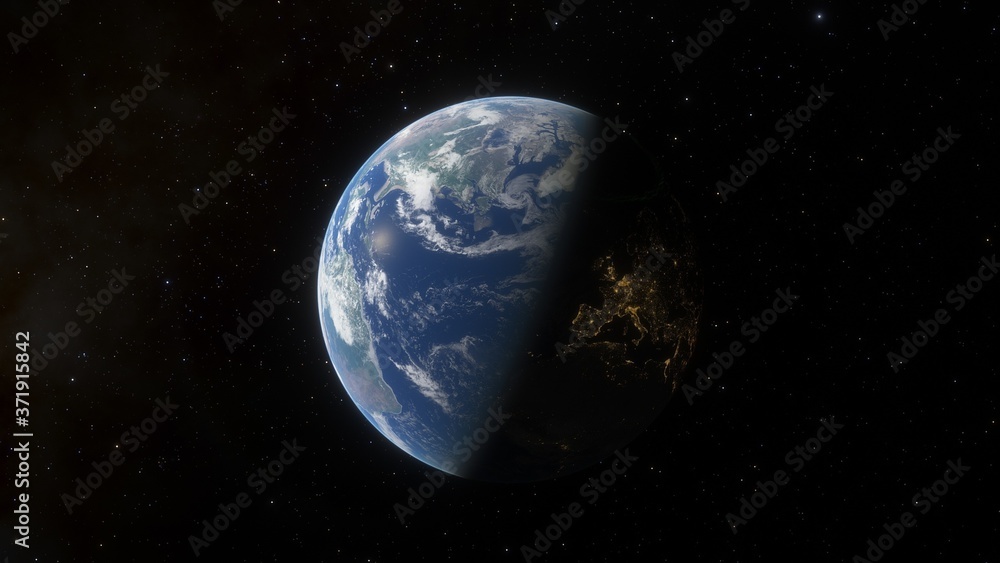 Fototapeta premium realistic planet Earth from space, science fiction wallpaper, cosmic landscape, oceanic expanses, sunrise over the earth from space, 3d render 