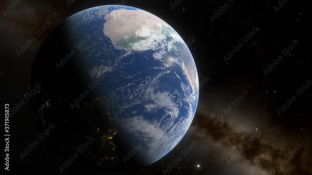Obraz premium realistic planet Earth from space, science fiction wallpaper, cosmic landscape, oceanic expanses, sunrise over the earth from space, 3d render 