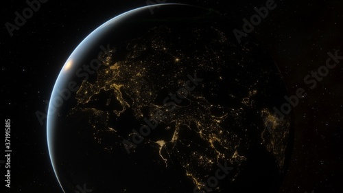 realistic planet Earth from space, science fiction wallpaper, cosmic landscape, oceanic expanses, sunrise over the earth from space, 3d render 