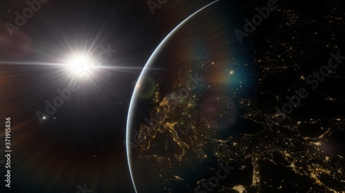 realistic planet Earth from space, science fiction wallpaper, cosmic landscape, oceanic expanses, sunrise over the earth from space, 3d render 