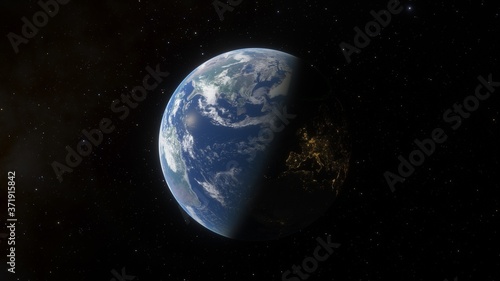 realistic planet Earth from space, science fiction wallpaper, cosmic landscape, oceanic expanses, sunrise over the earth from space, 3d render 