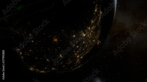 realistic planet Earth from space, science fiction wallpaper, cosmic landscape, oceanic expanses, sunrise over the earth from space, 3d render 