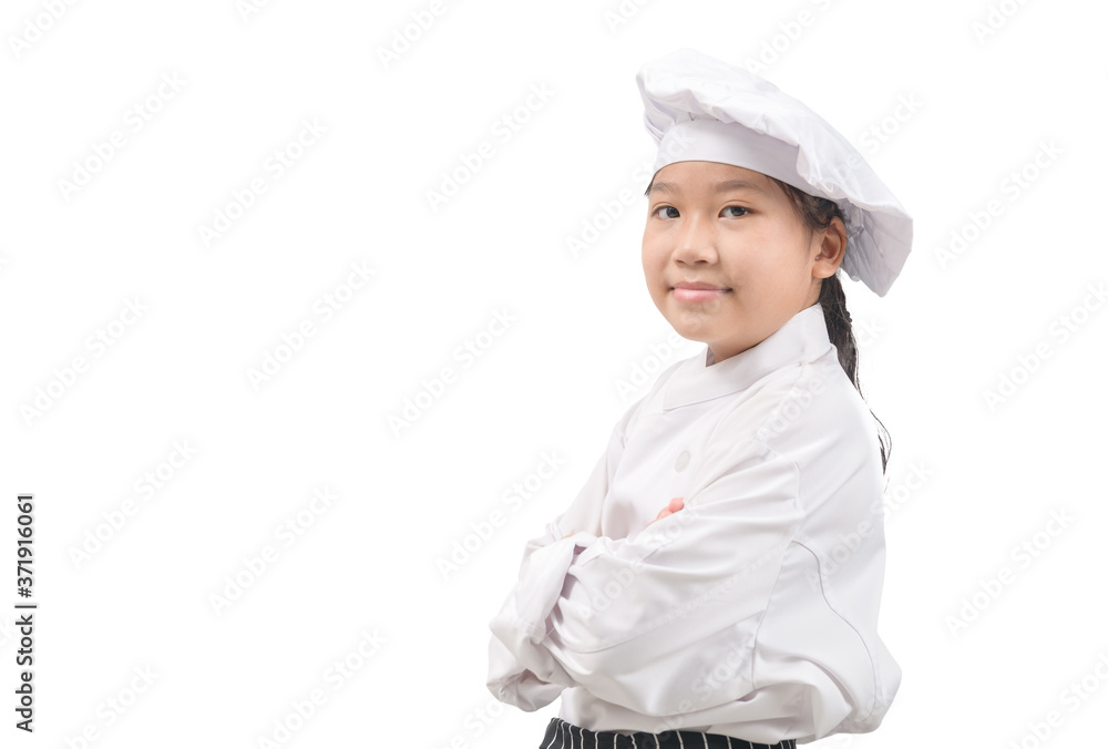 Portrait of Happy little girl in chef uniform smile isolated on white Portrait of Happy little girl in chef uniform smile isolated on white