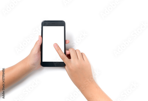 Child hand holding black smartphone and touch on white screen for advertise or banner isolated