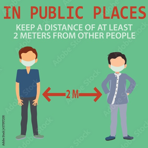 Social Distancing. People keep a distance for infection and disease, wearing a surgical protective medical mask to prevent virus Covid-19. Health care concept. Vector illustration. 