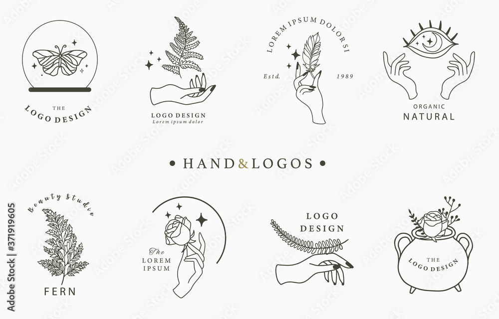 Beauty occult logo collection with hand,geometric,crystal,moon,star,flower.Vector illustration for icon,logo,sticker,printable and tattoo
