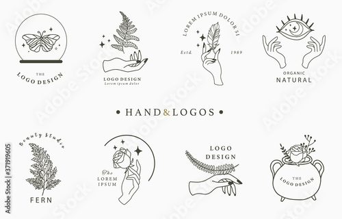 Beauty occult logo collection with hand,geometric,crystal,moon,star,flower.Vector illustration for icon,logo,sticker,printable and tattoo