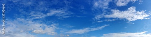 Blue sky panorama with cloud on a sunny day. Beautiful 180 degree panoramic image.