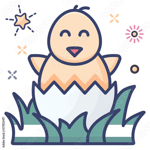 
Easter chick inside an eggshell, baby chick concept in flat style 
