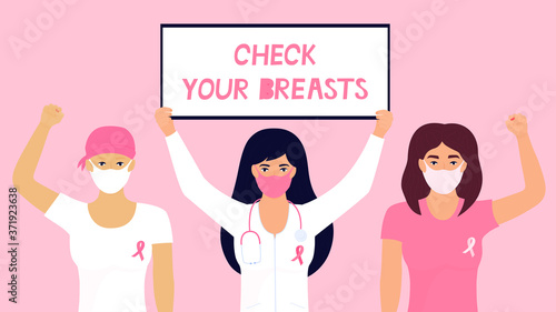 National Breast Cancer Awareness Month. A doctor in a protective mask holds a poster. Girl was wearing a head scarf after chemotherapy and with a pink ribbon on T-shirt raised fist up.