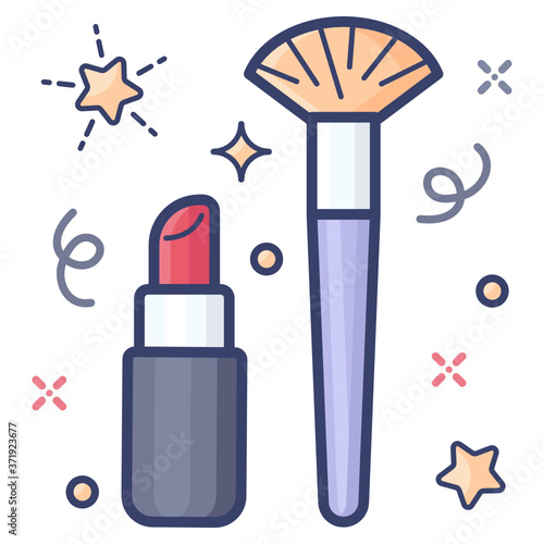 
Brush with lipstick, makeup kit flat icon design 
