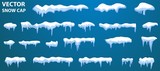 Winter background. Snow, ice cap. Snowfall and snowflakes. Winter season. Blue background. Christmas and New Year time. Icicles, set vector