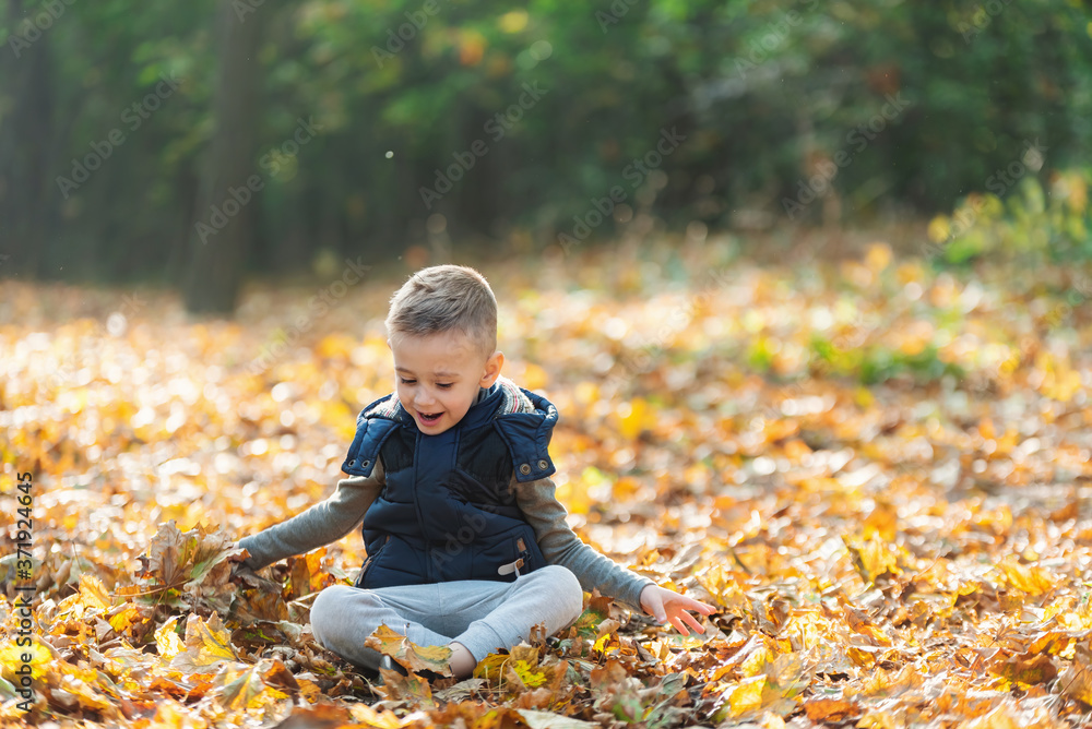 Adorable child kid with leaves in autumn park Adorable child kid with leaves in autumn park