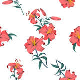 Seamless repeat pattern with flowers on white background. Hand drawn fabric, gift wrap, wall art design