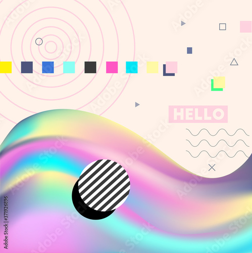 Audio concept. Futuristic background. Fluid gradient. Vector artwork. Minimal liquid shapes. Retro 80s, 90s style. Trendy modern design. Pink, blue, purple paslel colors. Banner, print, poster photo