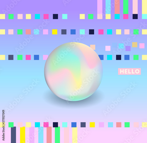 Realistic sphere. Technology  science background. Vector artwork. Retro  vintage 80s  90s style. Blue  black  pink  yellow  beige  purple  green colors. Banner  print  wallpaper  web template