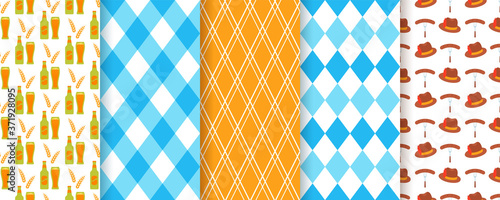Oktoberfest seamless background. Octoberfest pattern. Prints with rhombus, beer, hat, plaid and gingham. Vector. Set of Germany traditional textures. Bavarian diamond wallpaper. Color illustration