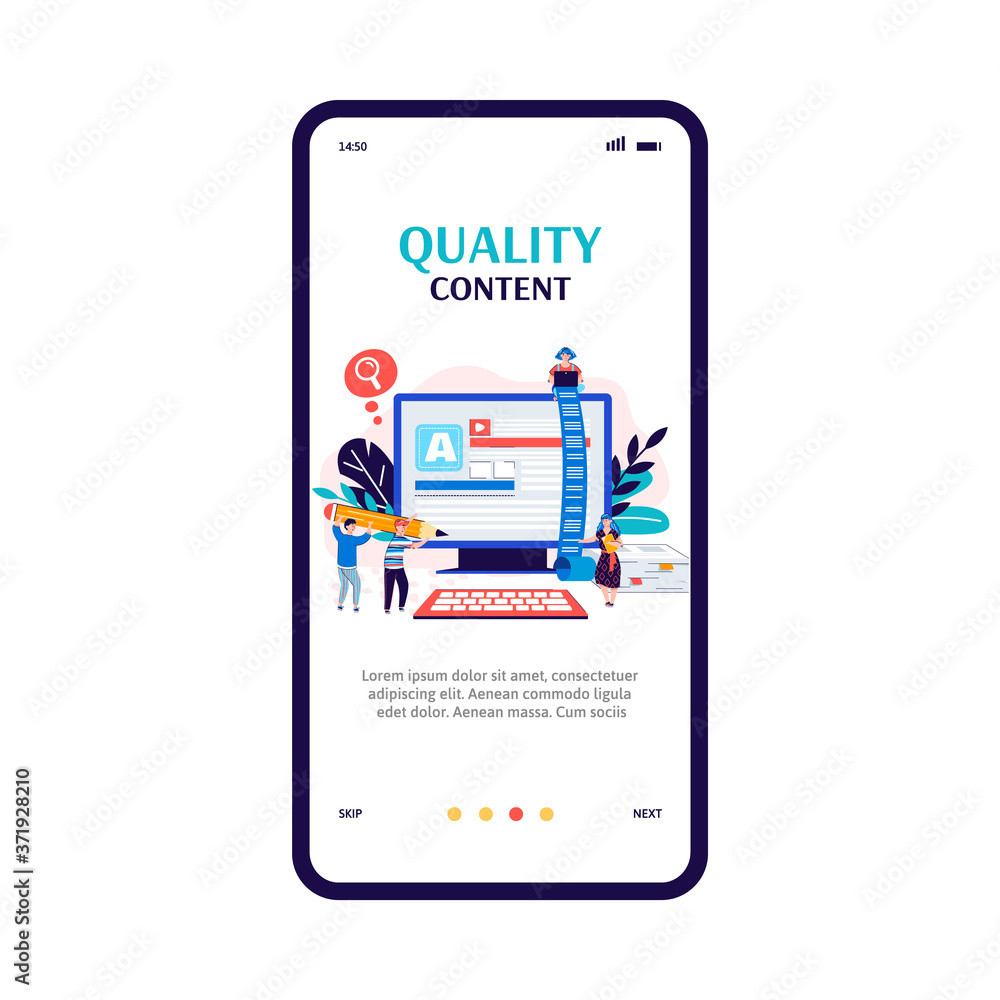 Copywriting and quality content production app onboarding banner on smartphone screen. Cartoon people writing blog post or editing text, vector illustration. Copywriting and quality content production app onboarding banner on smartphone screen. Cartoon people writing blog post or editing text, vector illustration.