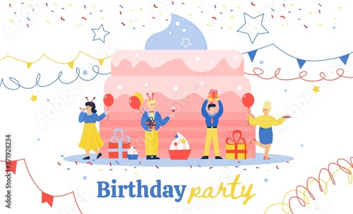 Banner with birthday celebration with friends. Smiling, cheerful men and women at the party dance and celebrate around a large beautiful cake. Vector flat illustration.