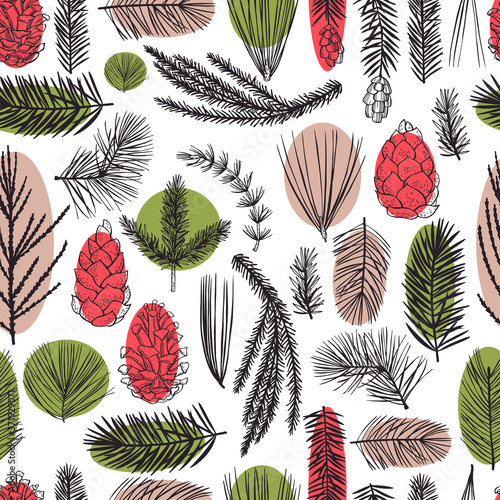 Vector  seamless pattern with hand drawn branches and cones of coniferous trees. Christmas plants.