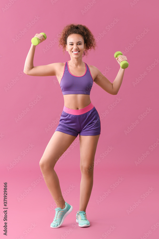 Young woman doing aerobics on color background Young woman doing aerobics on color background