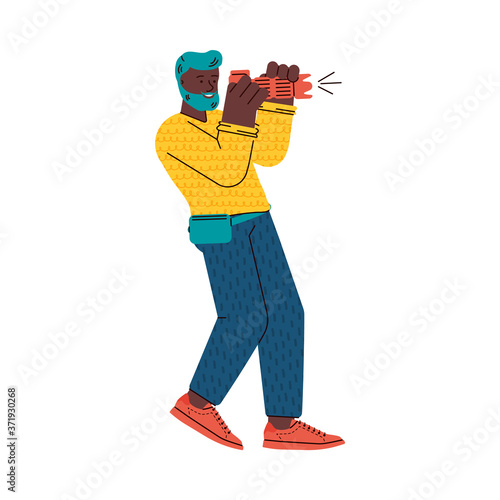 Professional photographer or photo reporter with camera, flat cartoon vector illustration isolated on white background. Character of photographing man.