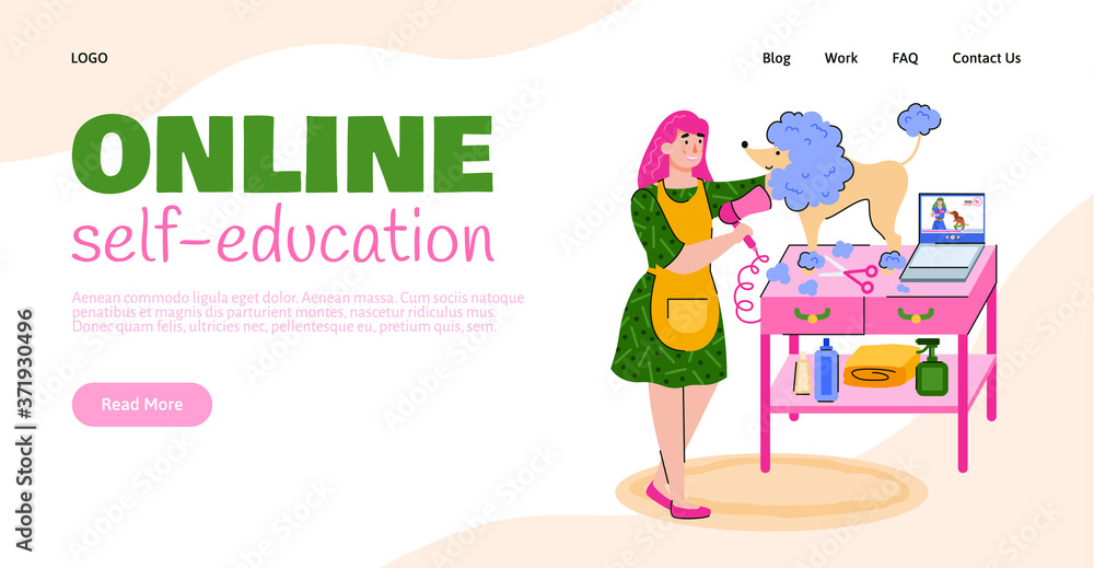 Concept of online self-education on care of pets. Girl groomer takes care of dog staying at home during epidemic or vacation and weekend. Landing page template. Vector cartoon illustration