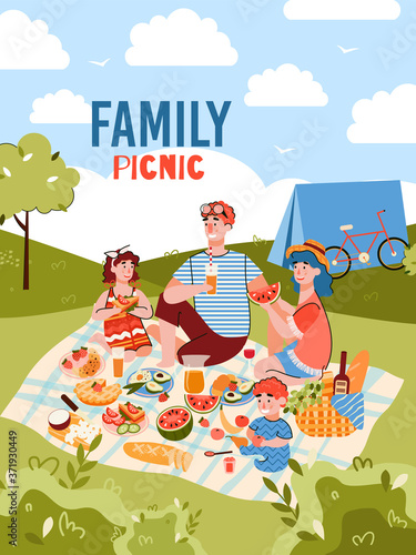 Family picnic on summer day - cartoon poster with happy parents and children eating food on blanket in nature while camping. Vector illustration of outdoor meal.