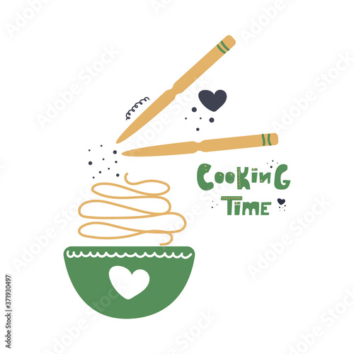 Chopsticks and bowl of noodles with text cooking time. International food concept. Cooking classes. Asian, wok, ramen. Flat illustration.