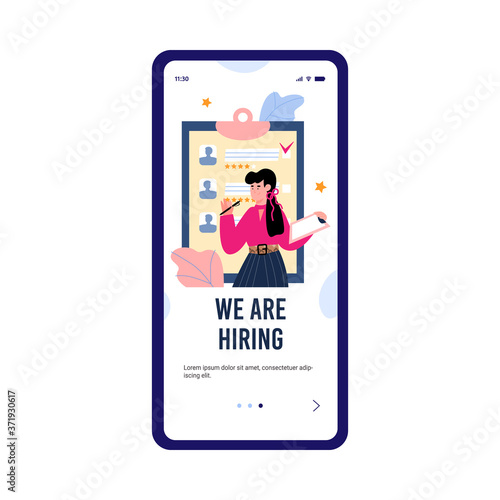 We are hiring mobile onboarding page for recruiting agency or company personnel department, cartoon flat vector illustration. The employer makes a announcement.