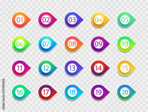 Bullet with number. Icon with point and arrow. List of circles for buttons. Png for infographic from 1 to 20. Set of graphic marker for info, text and promotion. Simple gradient box with pin. Vector