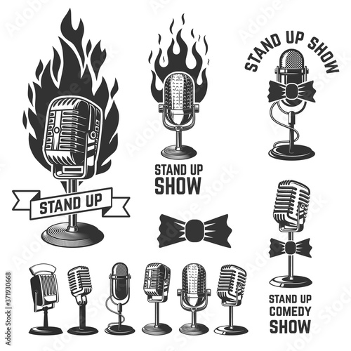 Stand up show. Set of emblems with retro microphones . Design element for logo, label, sign, poster, t shirt. Vector illustration