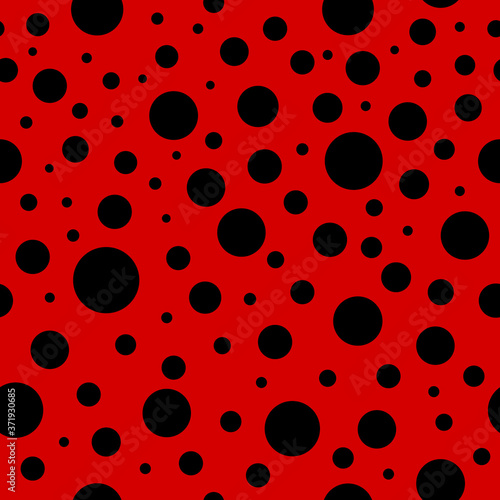Ladybug seamless pattern. Lady bug background with red and black colors. Ladybird texture for print. Summer, spring fashion in polkadot. Minnie art for decoration, ornament. Abstract backdrop. Vector